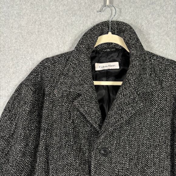 Calvin‎ Klein Jacket Large Black Wool Tweed Pea Coat Long Warm Pockets Collar - Picture 5 of 13